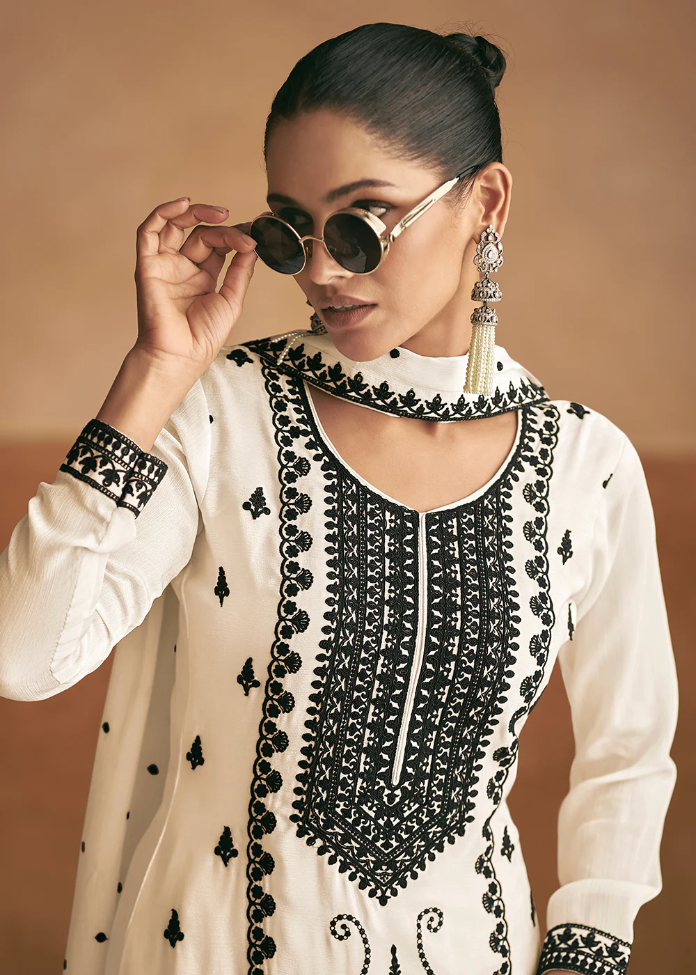 Lucknowi Style Embroidered White Silk Palazzo Suit - Image 4