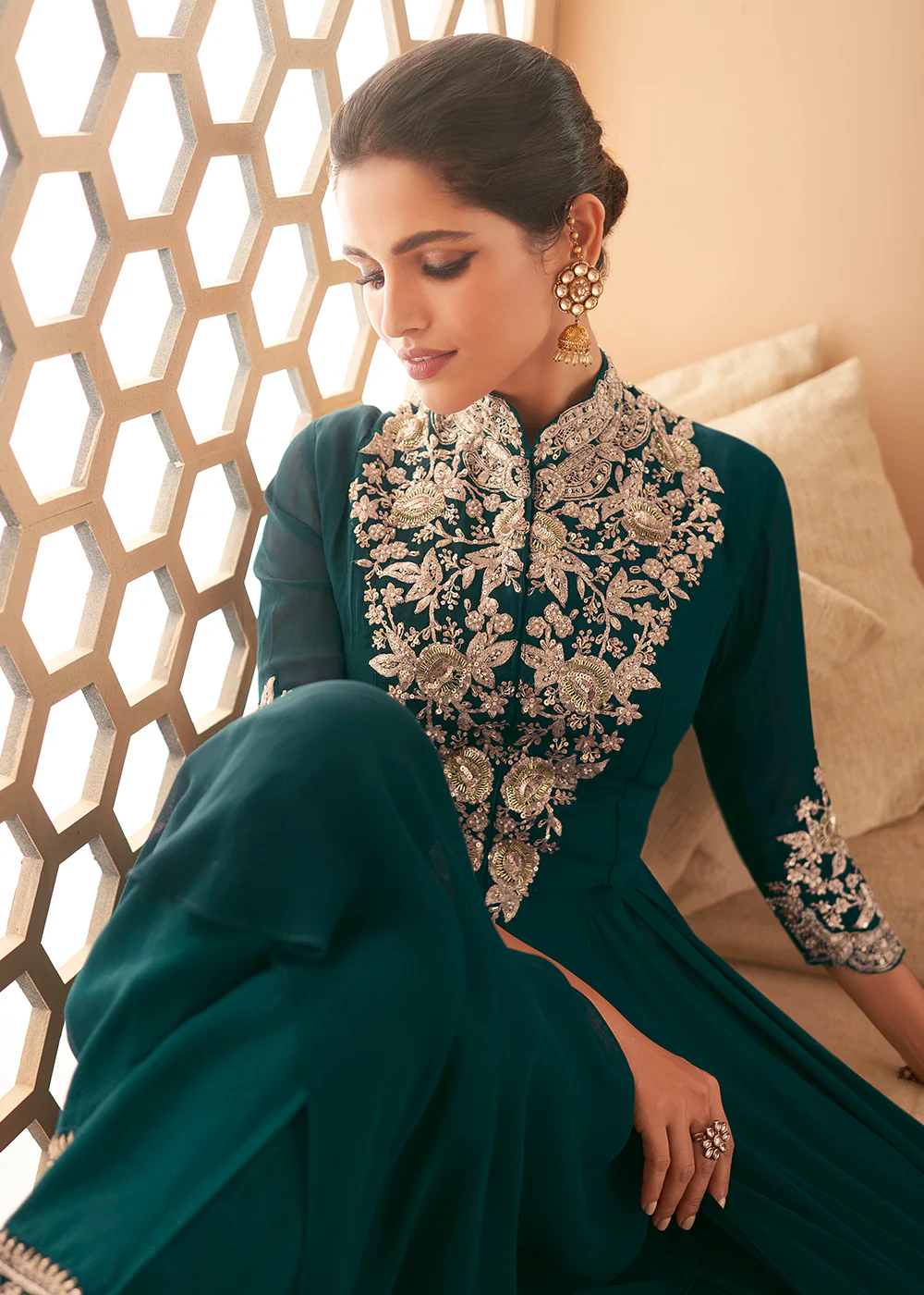 Luminous Bottle Green Front Slit Premium Anarkali Suit - Image 2