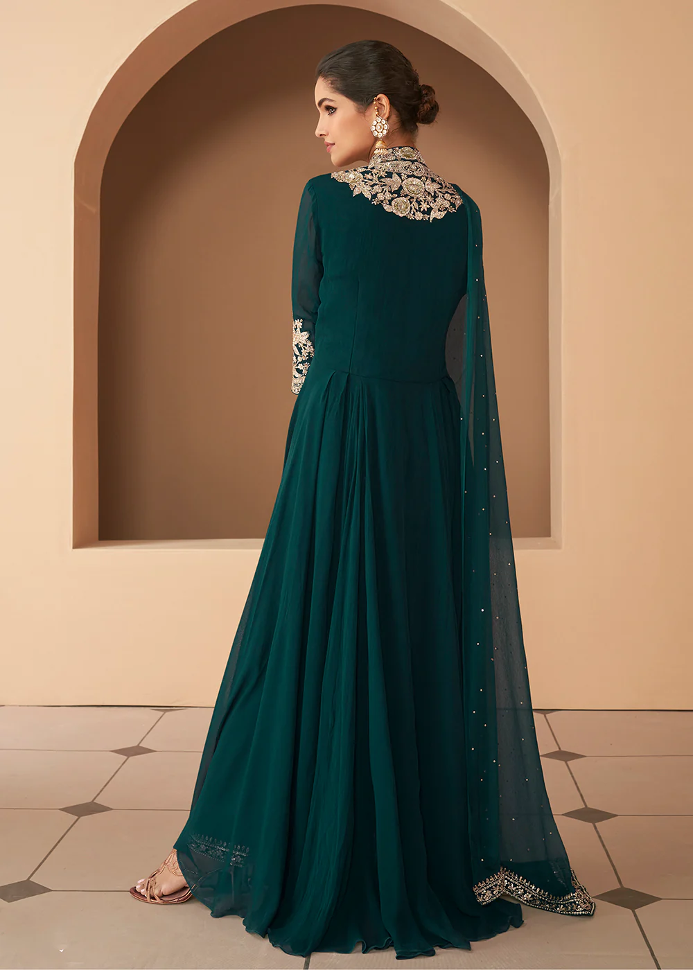 Luminous Bottle Green Front Slit Premium Anarkali Suit - Image 3