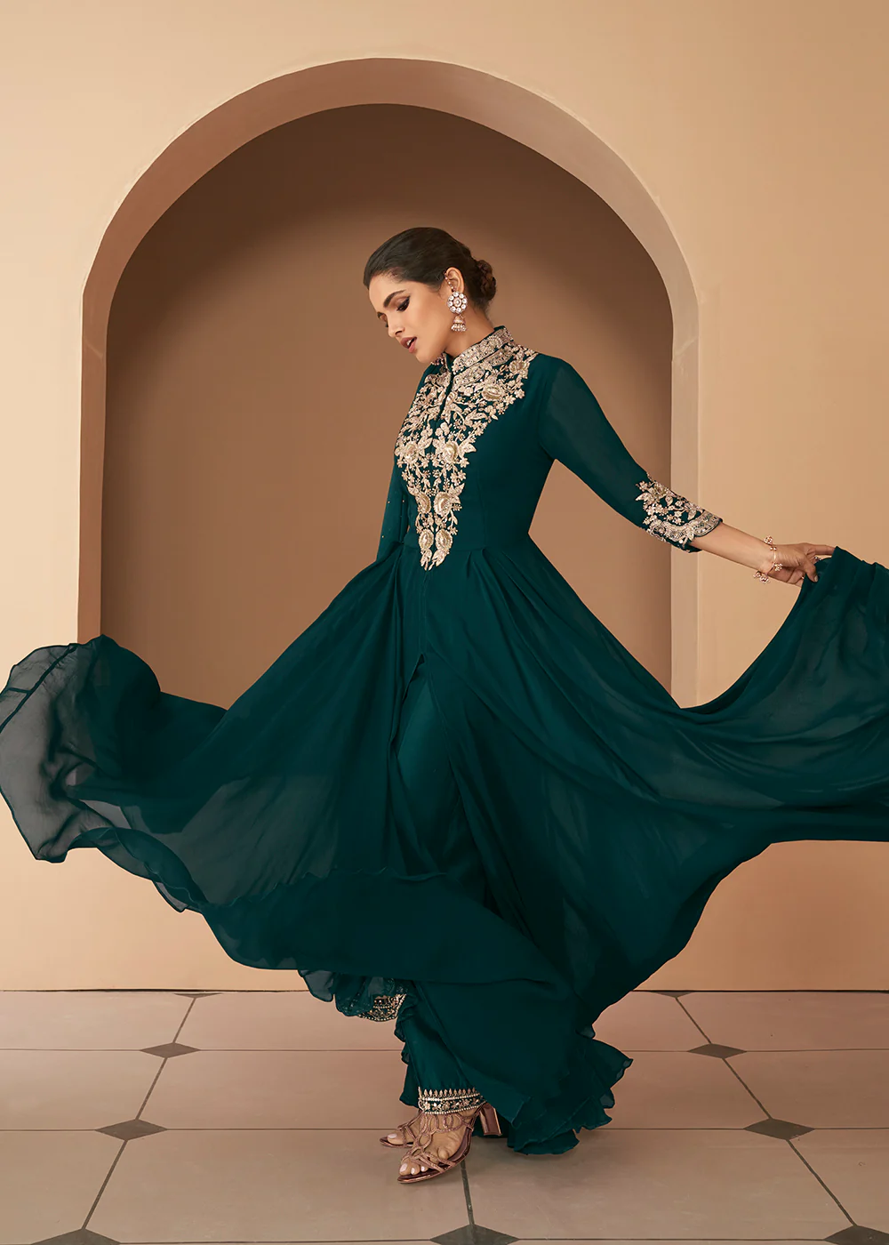 Luminous Bottle Green Front Slit Premium Anarkali Suit - Image 4