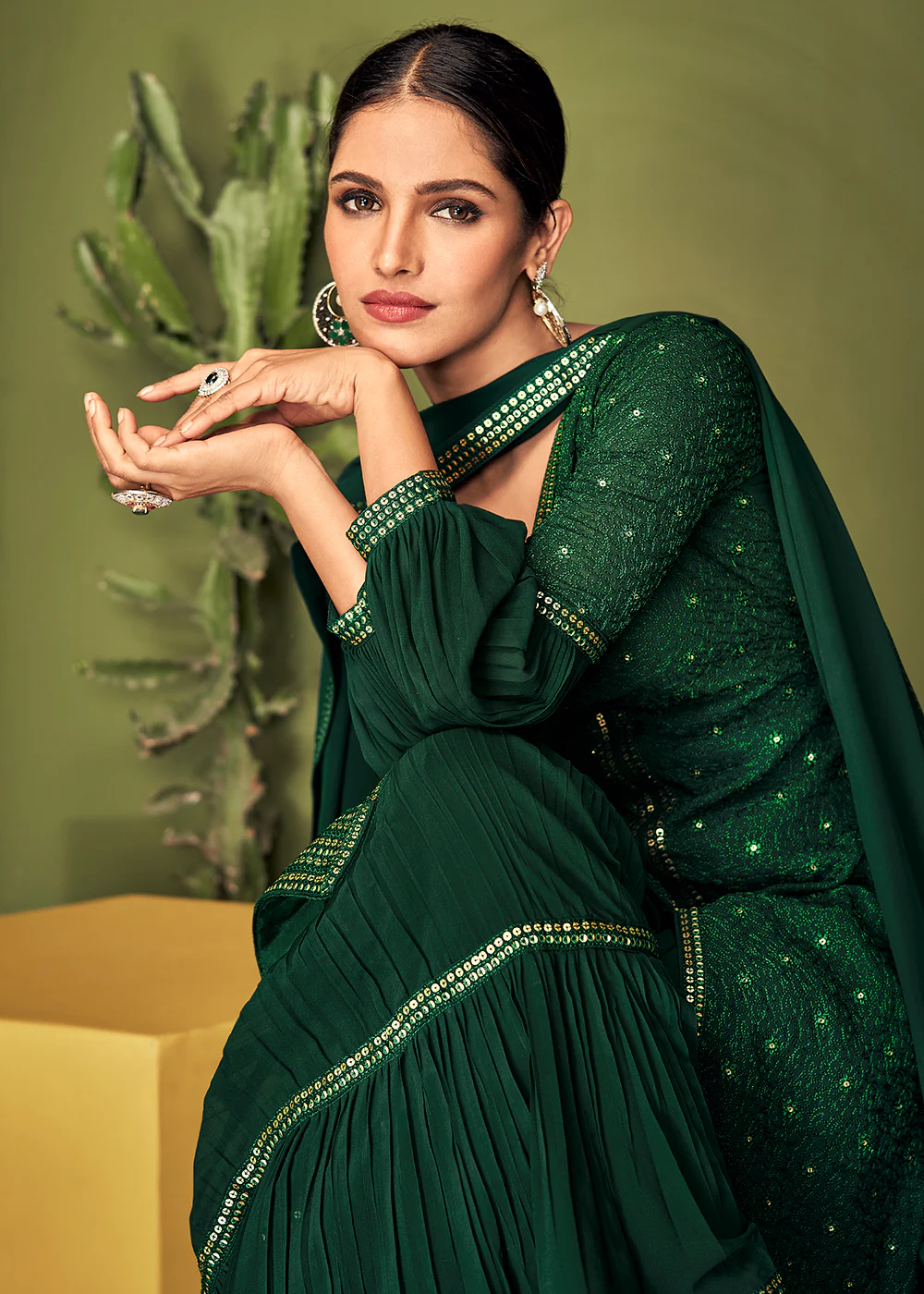 Luminous Dark Green Georgette Function Wear Palazzo Suit - Image 4