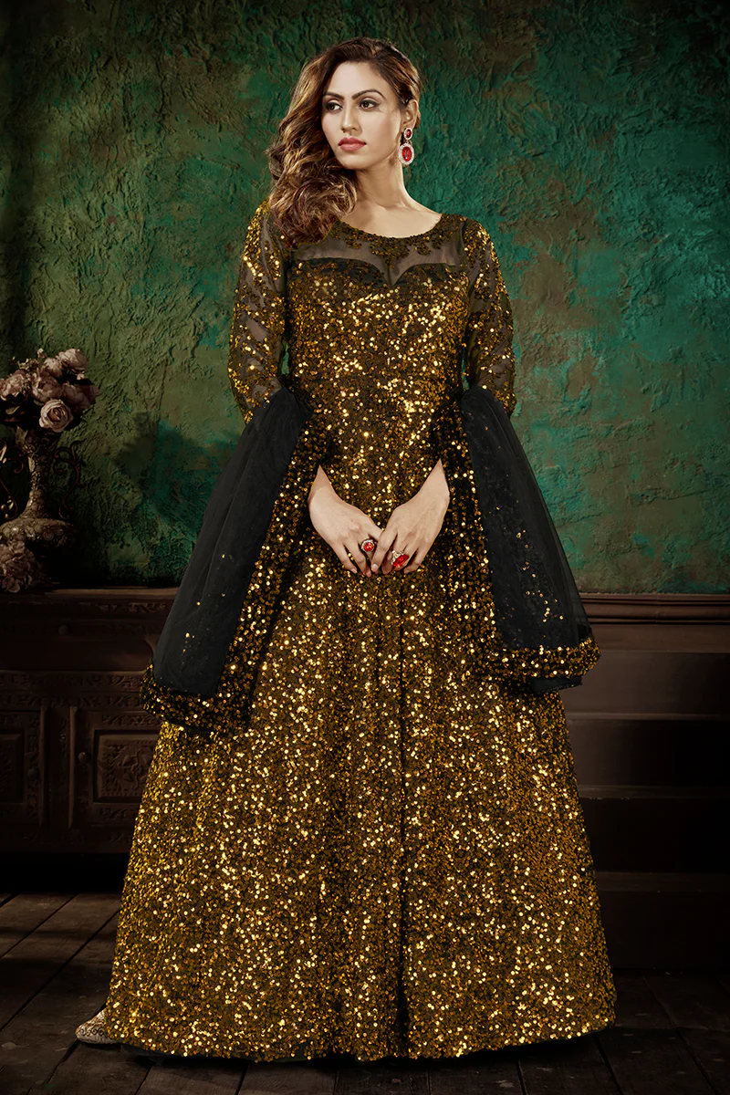 Lush Golden Party Wear Sequins Net Anarkali Gown
