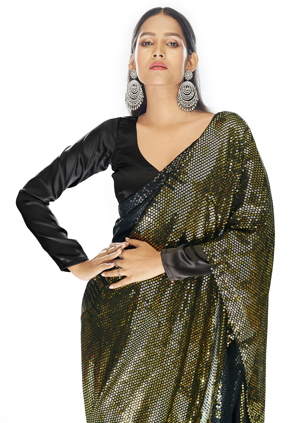 Luxe Black & Golden Georgette Sequins Party Wear Saree - Image 3