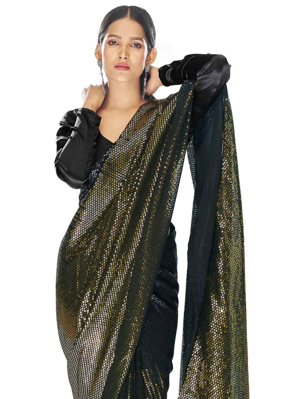 Luxe Black & Golden Georgette Sequins Party Wear Saree - Image 4