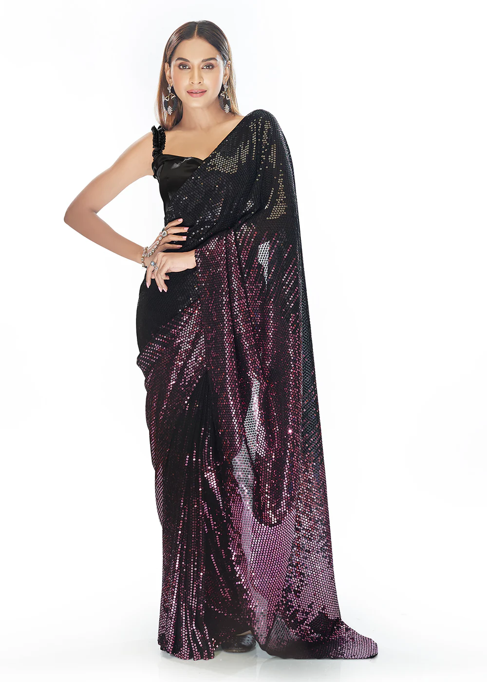 Luxe Black & Purple Georgette Sequins Party Wear Saree