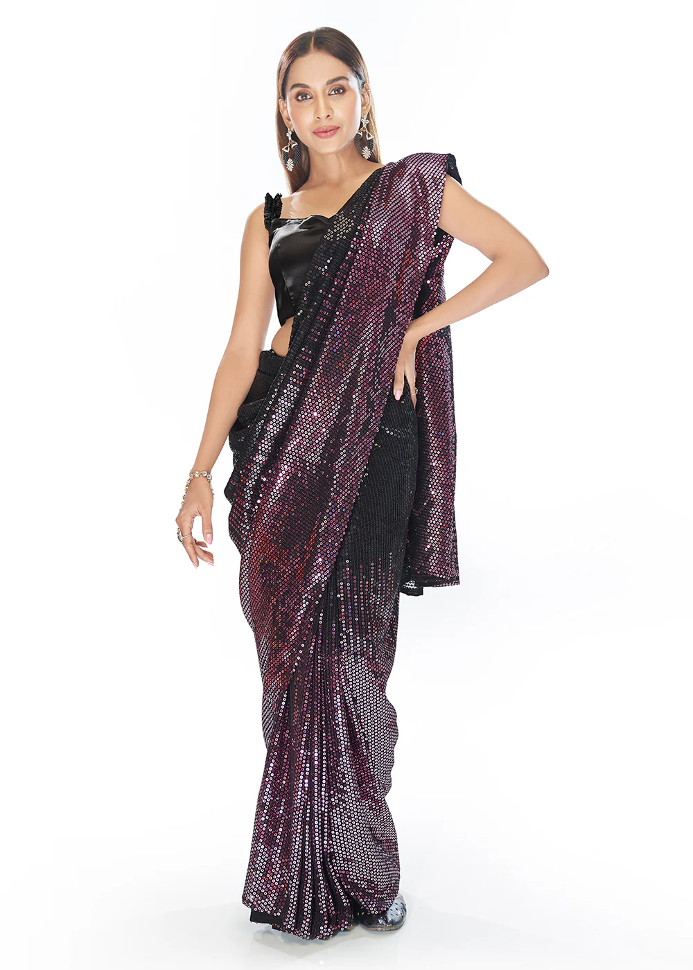 Luxe Black & Purple Georgette Sequins Party Wear Saree - Image 3