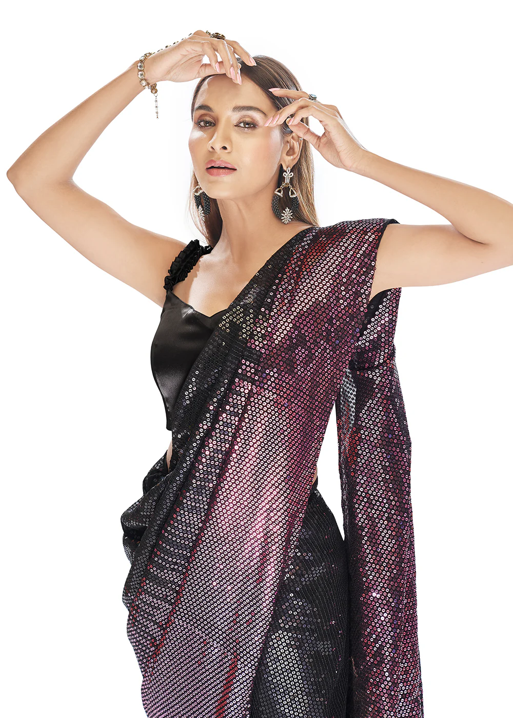 Luxe Black & Purple Georgette Sequins Party Wear Saree - Image 4