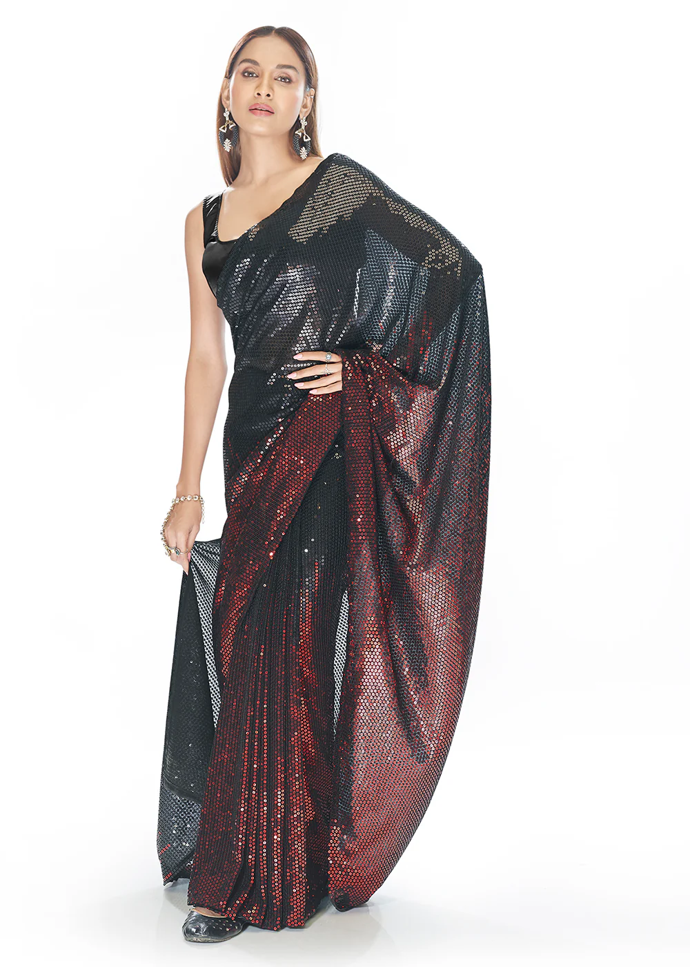 Luxe Black & Red Georgette Sequins Party Wear Saree