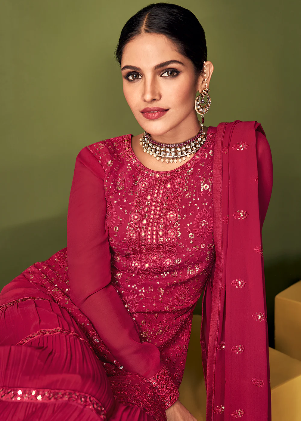 Luxurious Peony Pink Georgette Function Wear Palazzo Suit - Image 2