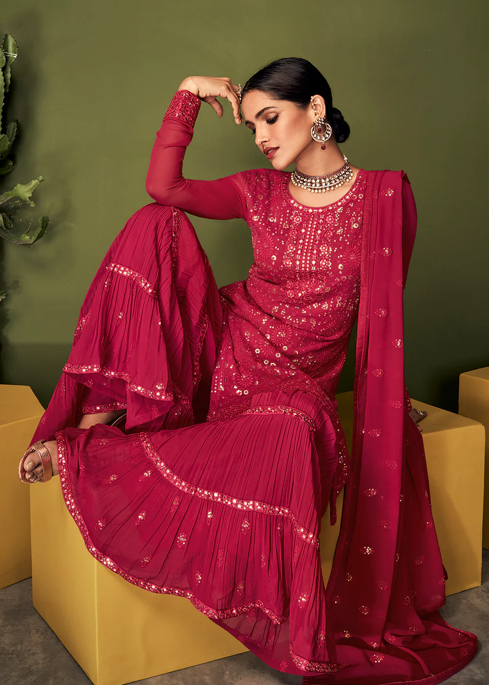 Luxurious Peony Pink Georgette Function Wear Palazzo Suit - Image 3