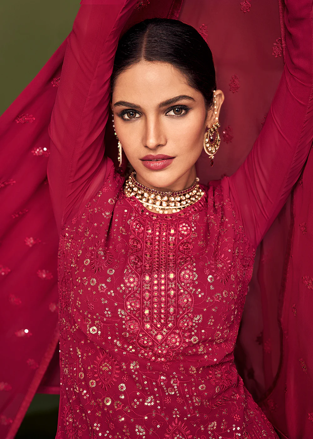Luxurious Peony Pink Georgette Function Wear Palazzo Suit - Image 4