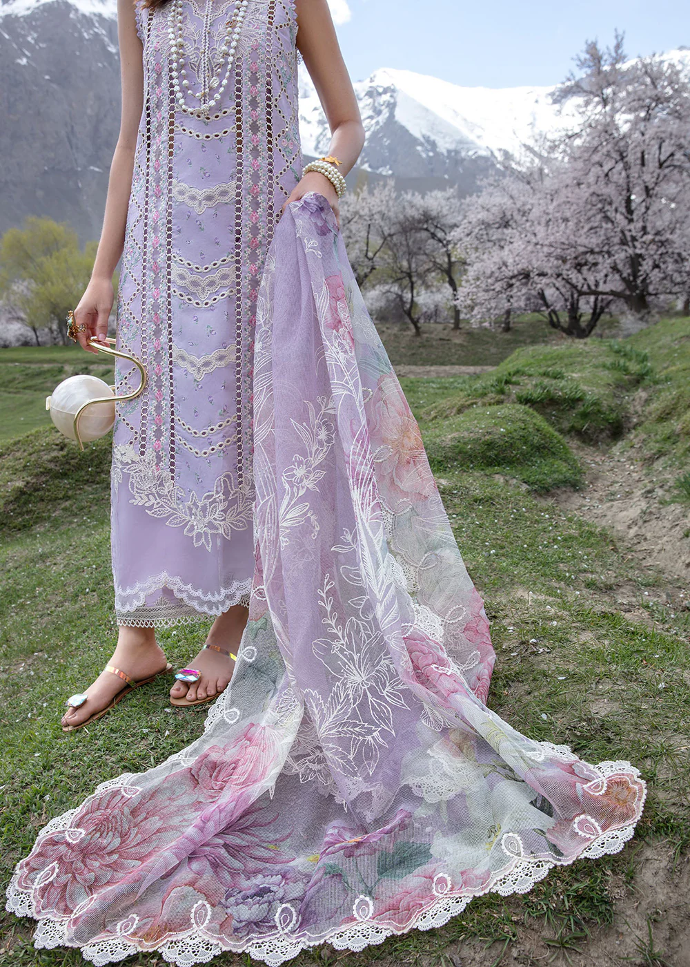 Luxury Lawn '24 by Crimson | A Floral Mesh - Lavender - Image 4