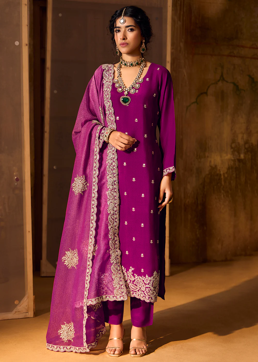 Magenta Bamberg Silk Embroidered Eid Style Salwar Suit
