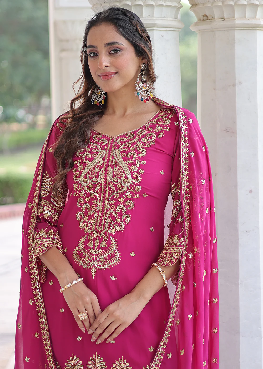 Magenta Blooming Silk Pakistani Style Salwar Suit - Image 2
