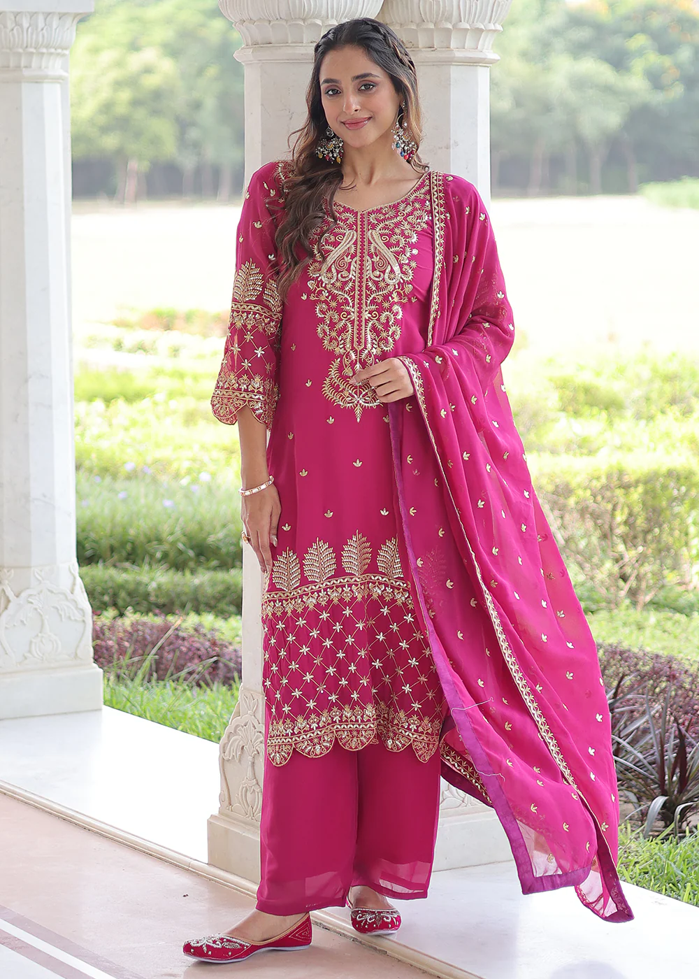 Magenta Blooming Silk Pakistani Style Salwar Suit - Image 4