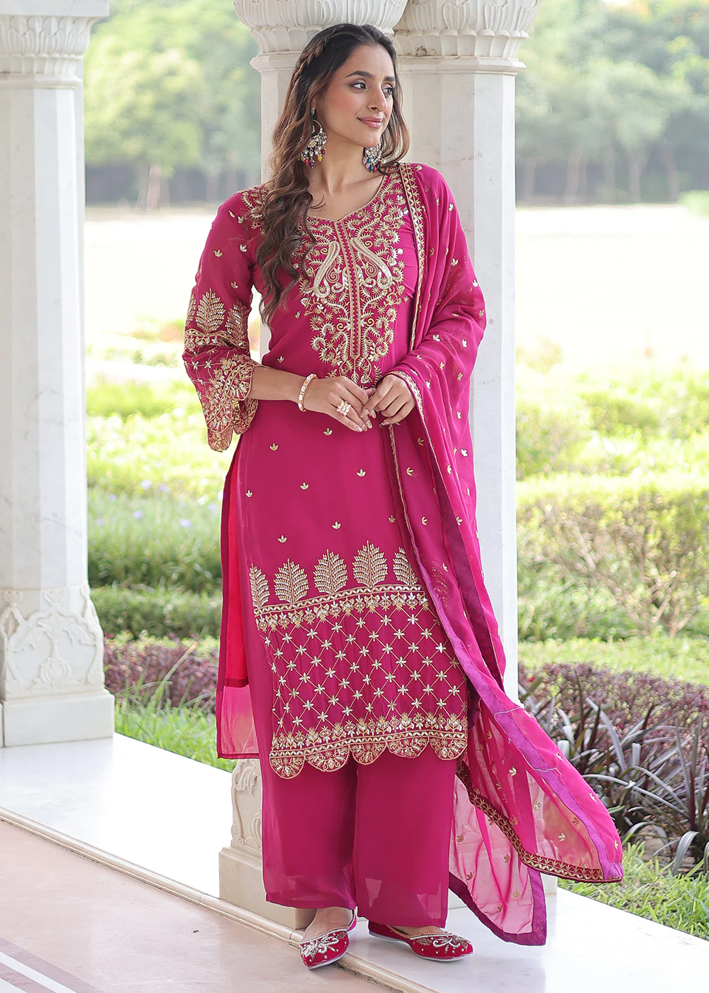 Magenta Blooming Silk Pakistani Style Salwar Suit - Image 5