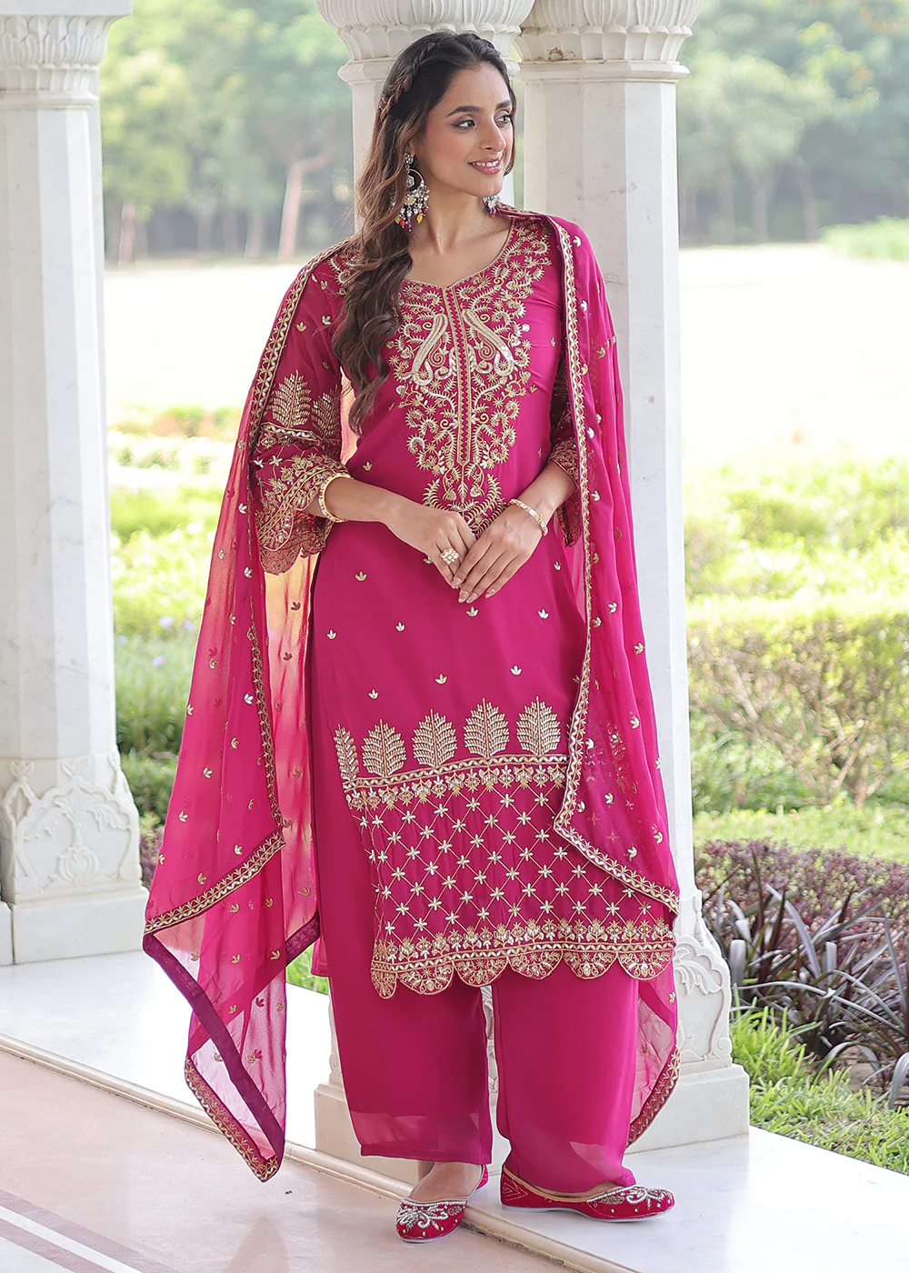 Magenta Blooming Silk Pakistani Style Salwar Suit - Image 7