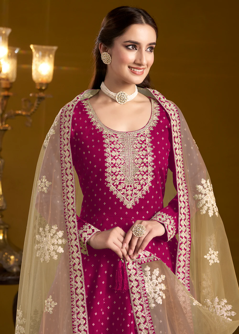 Magenta Chanderi Butti Embroidered Festive Anarkali Suit - Image 2