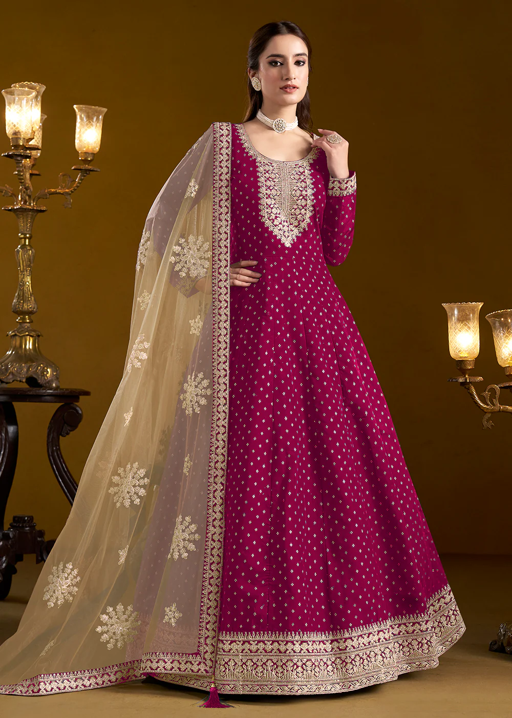 Magenta Chanderi Butti Embroidered Festive Anarkali Suit - Image 3