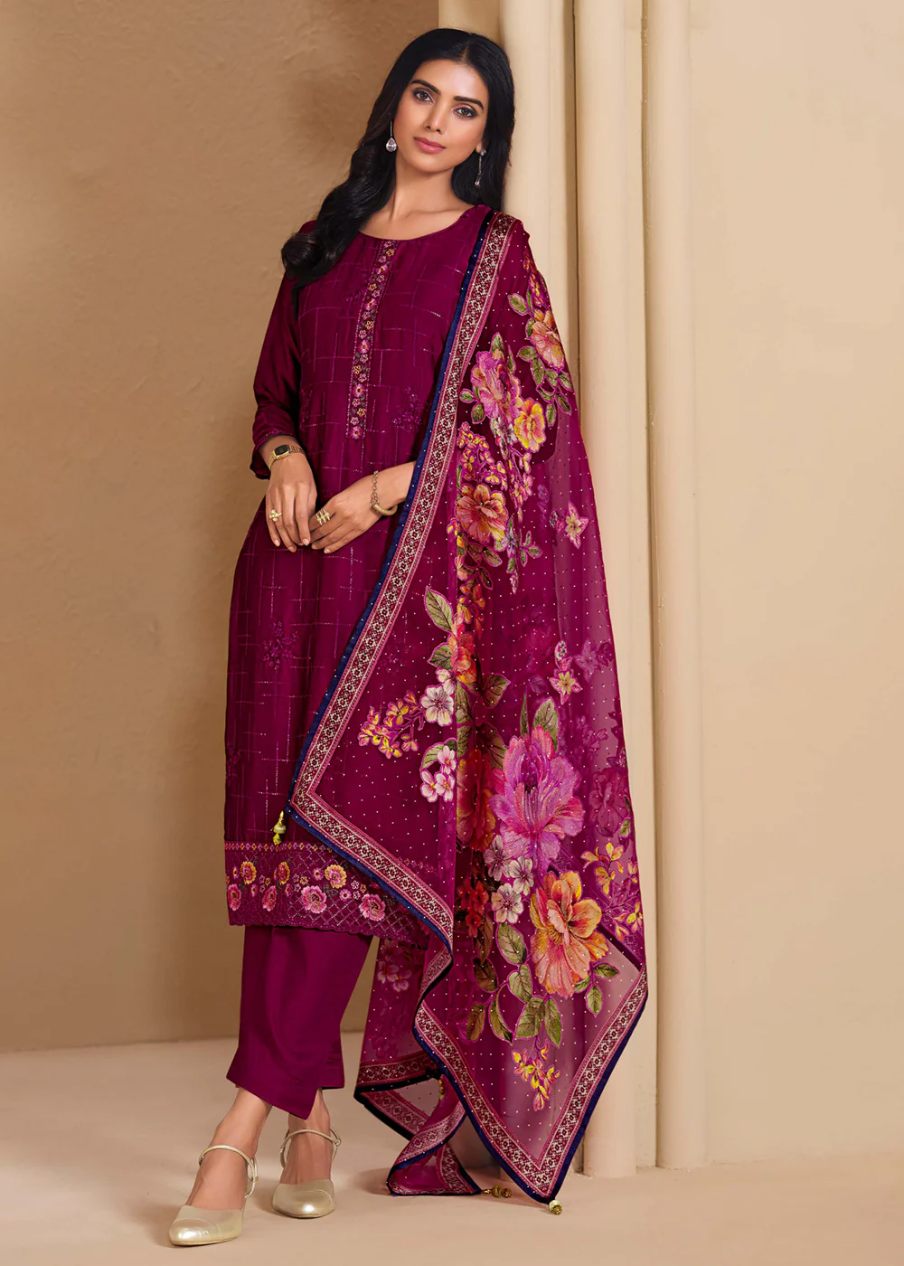 Magenta Chinnon Chiffon Embroidered Festive Salwar Suit - Image 3