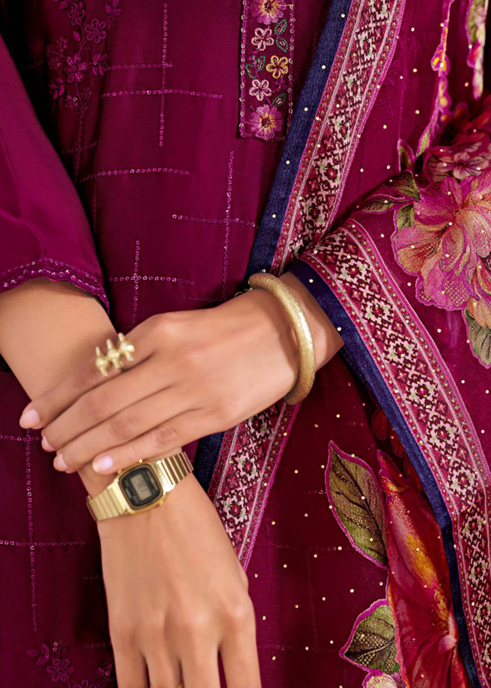 Magenta Chinnon Chiffon Embroidered Festive Salwar Suit - Image 4