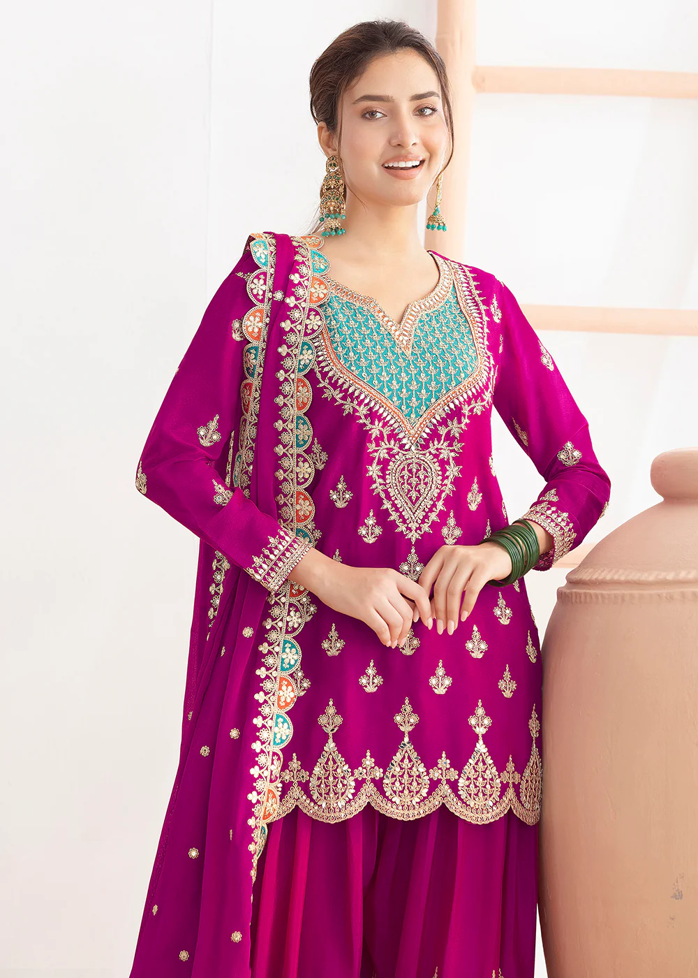 Magenta Dabka Dori & Sequins Palazzo Style Suit - Image 2