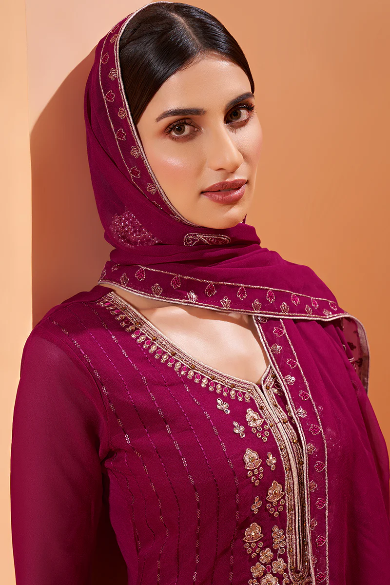 Magenta Designer Pakistani Style Sequins Sharara Suit - Image 3