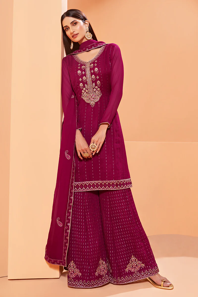Magenta Designer Pakistani Style Sequins Sharara Suit - Image 4