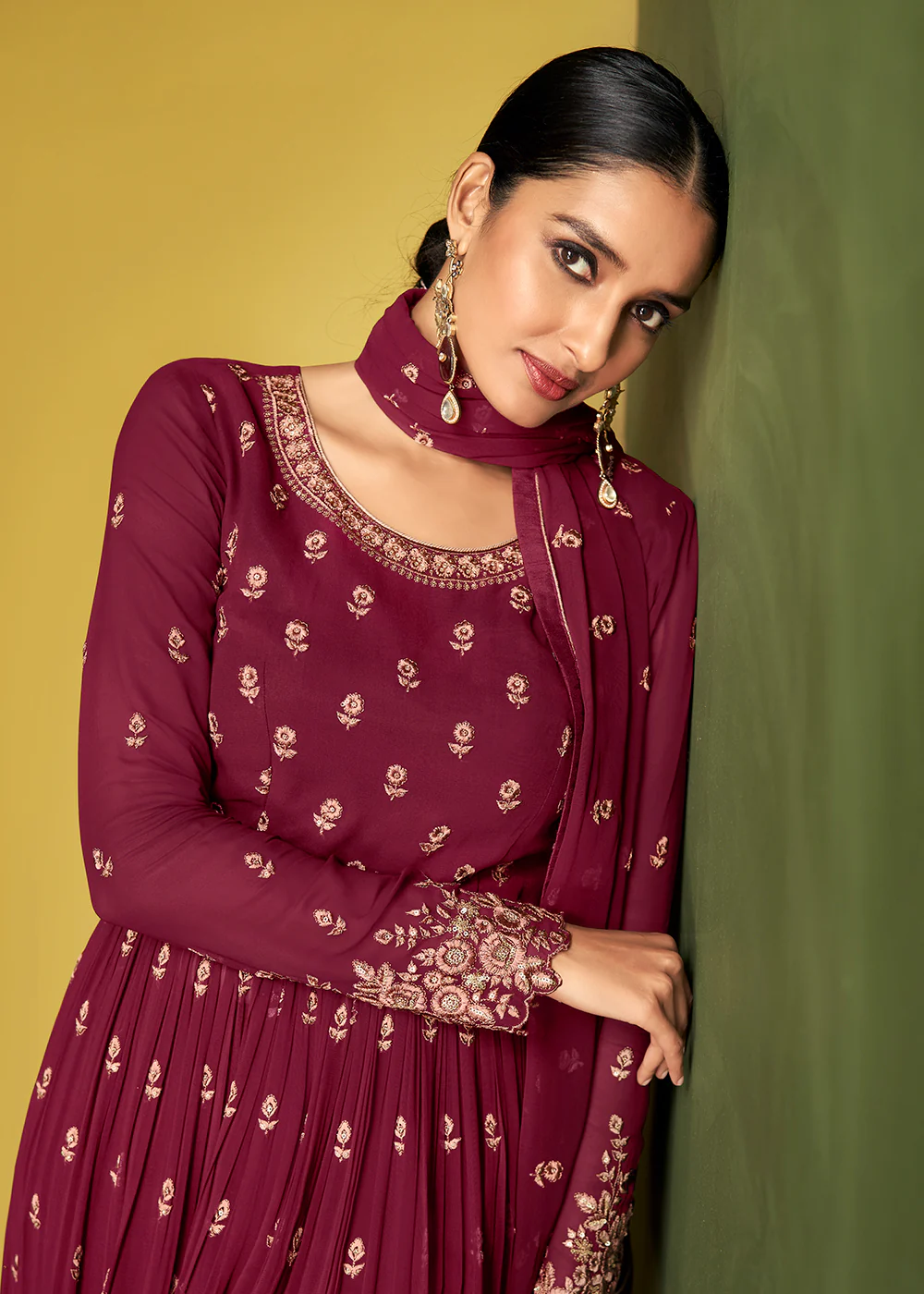 Magenta Maroon Anarkali Style Designer Palazzo Salwar Suit - Image 2