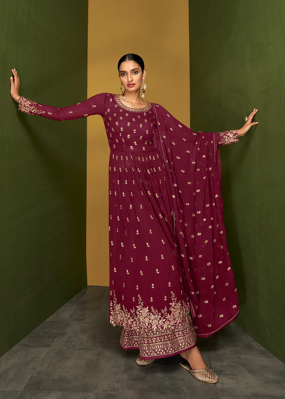 Magenta Maroon Anarkali Style Designer Palazzo Salwar Suit - Image 3