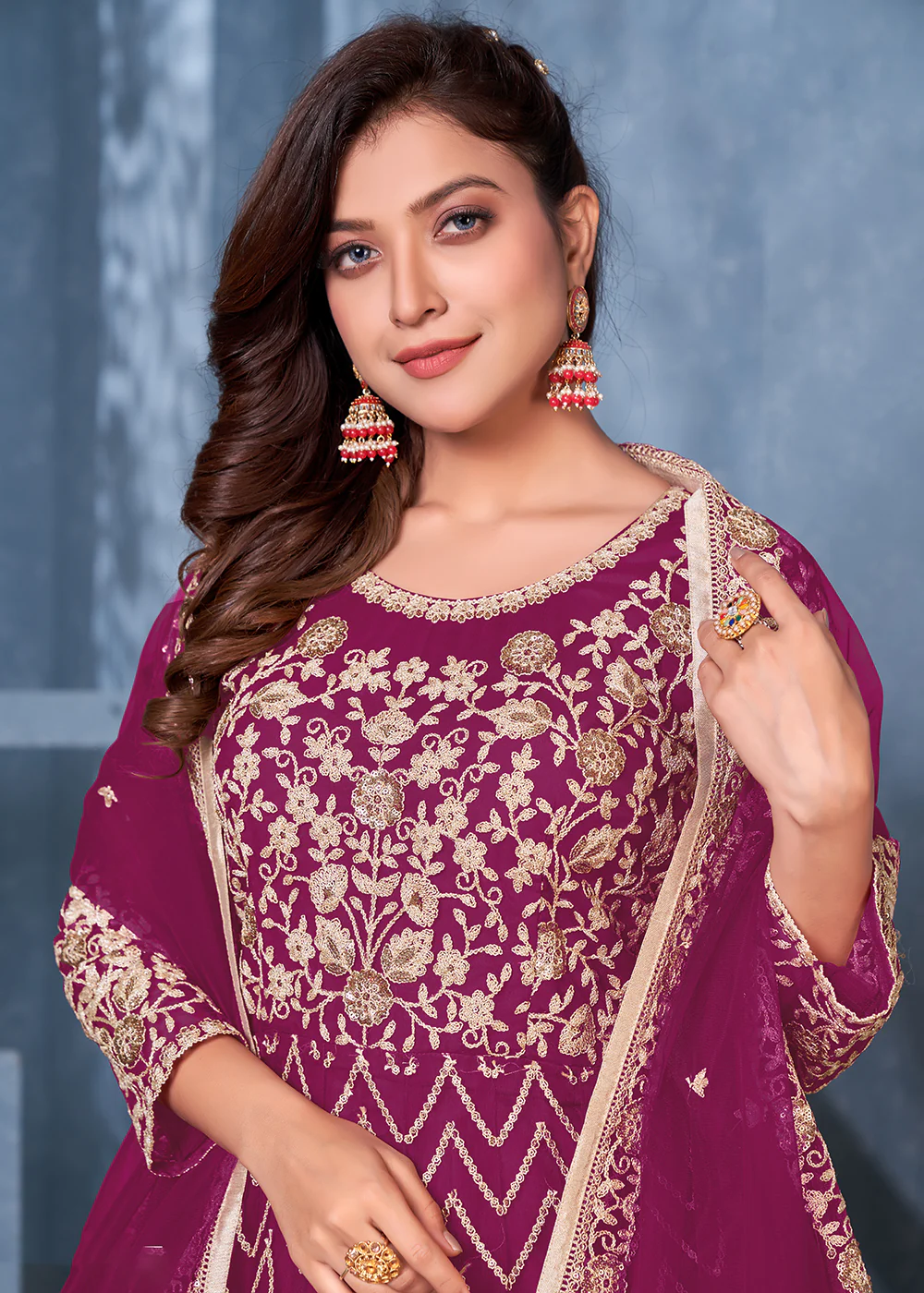 Magenta Net Abaya Style Heavy Embroidered Anarkali Suit - Image 2