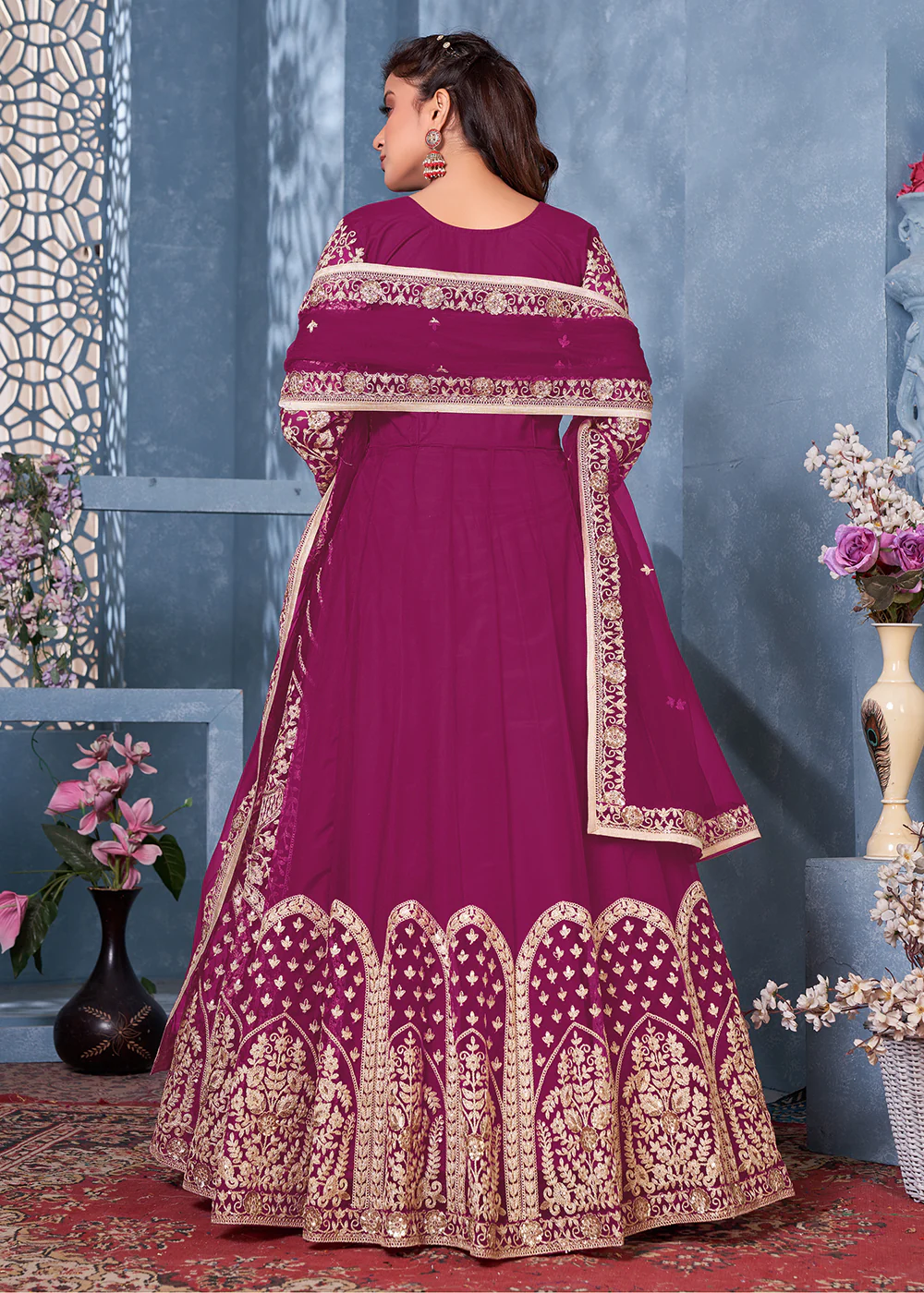 Magenta Net Abaya Style Heavy Embroidered Anarkali Suit - Image 3