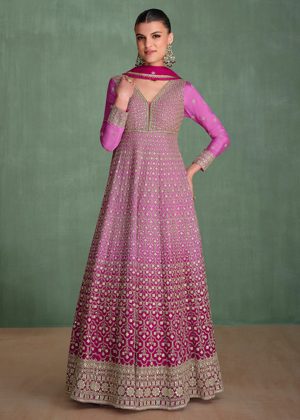 Magenta Ombre Embroidered Heavy Wedding Anarkali Gown