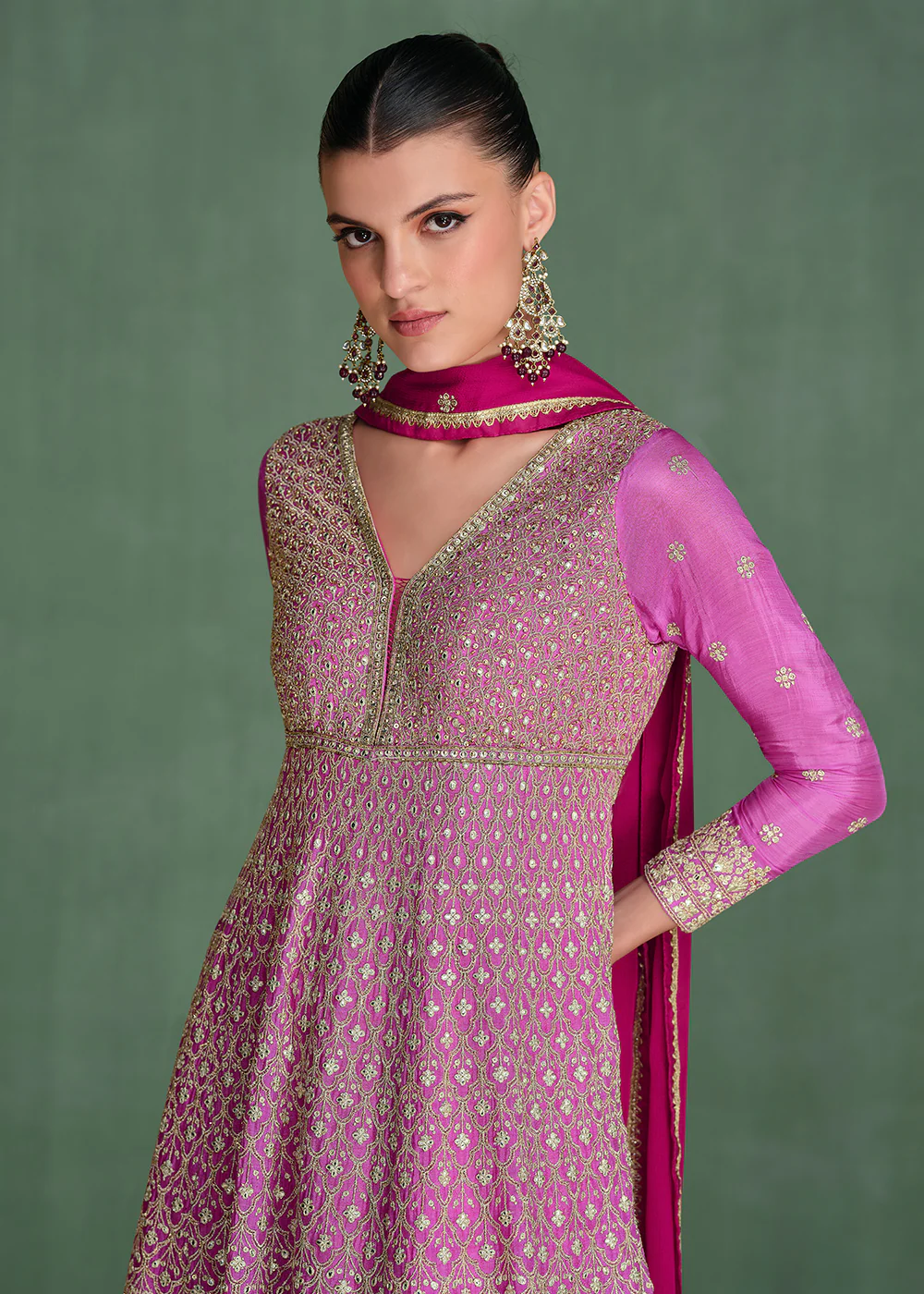 Magenta Ombre Embroidered Heavy Wedding Anarkali Gown - Image 2