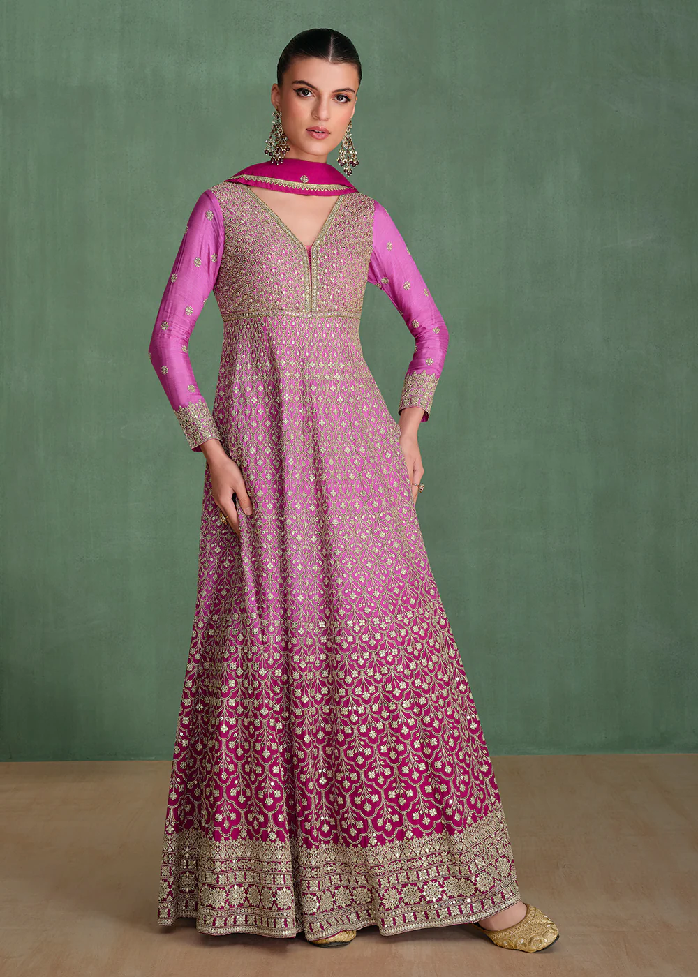 Magenta Ombre Embroidered Heavy Wedding Anarkali Gown - Image 3