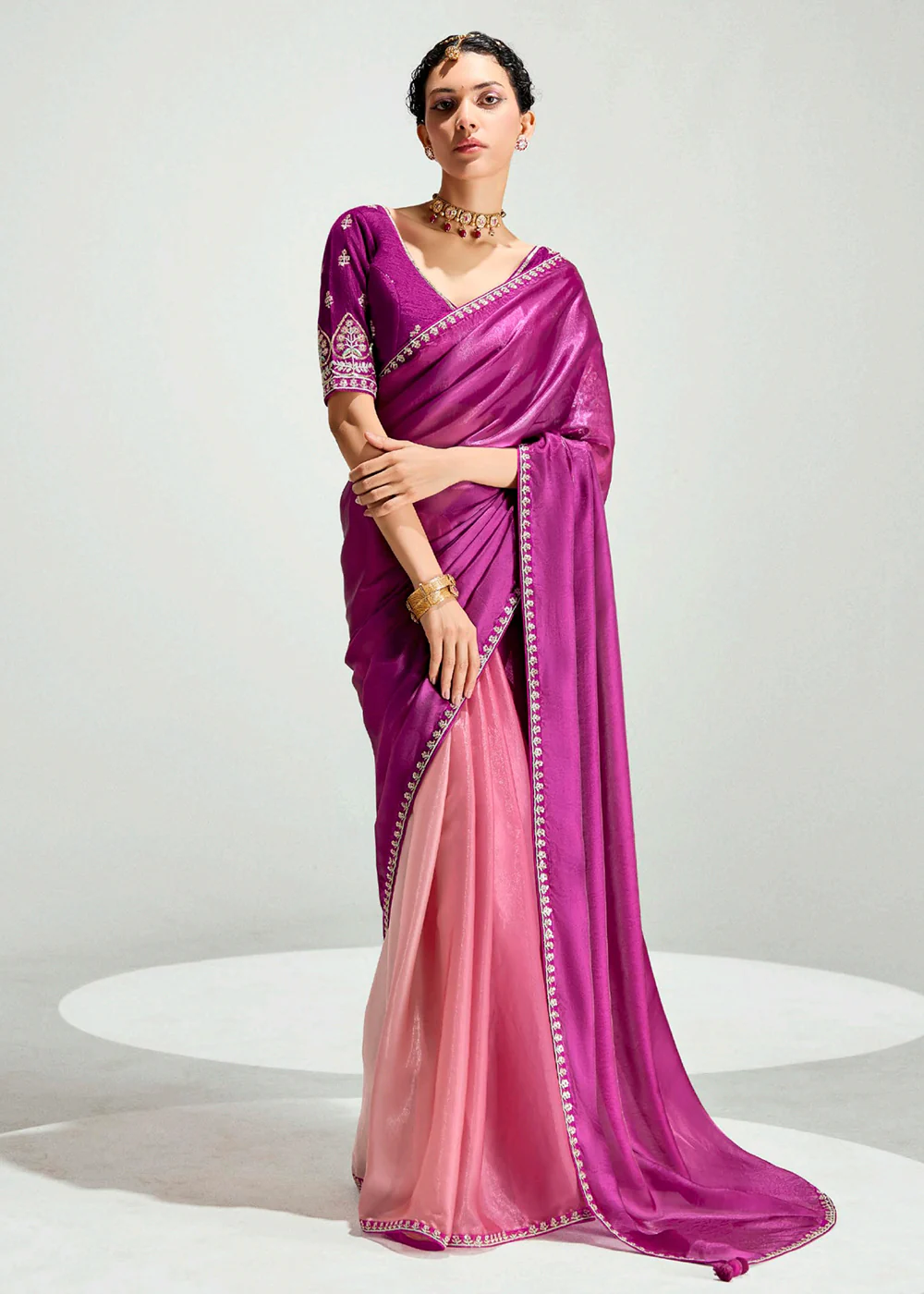 Magenta & Peach Organza Tissue Designer Party Wear Saree