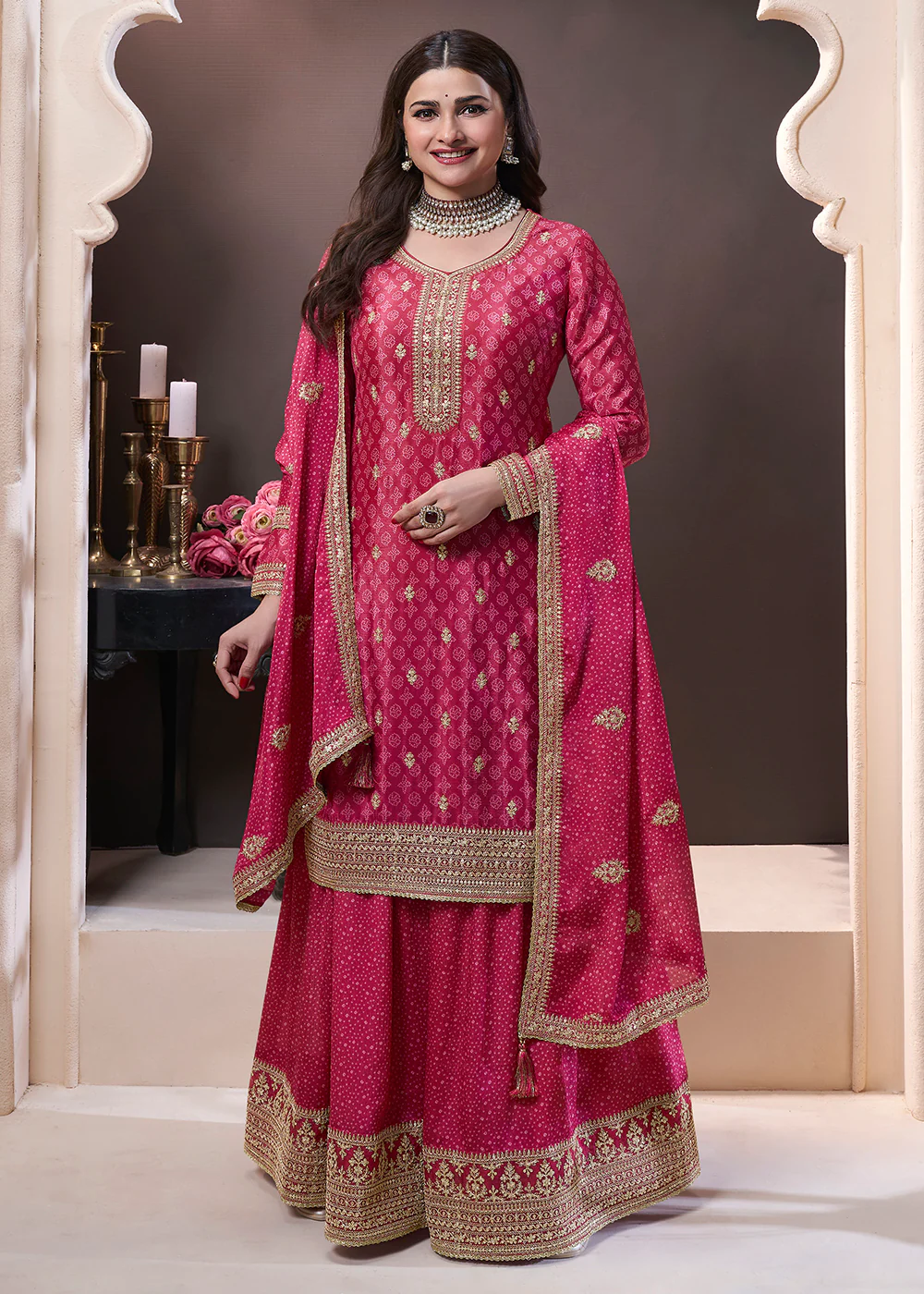 Magenta Pink Bandhani Printed Chinnon Palazzo Style Suit