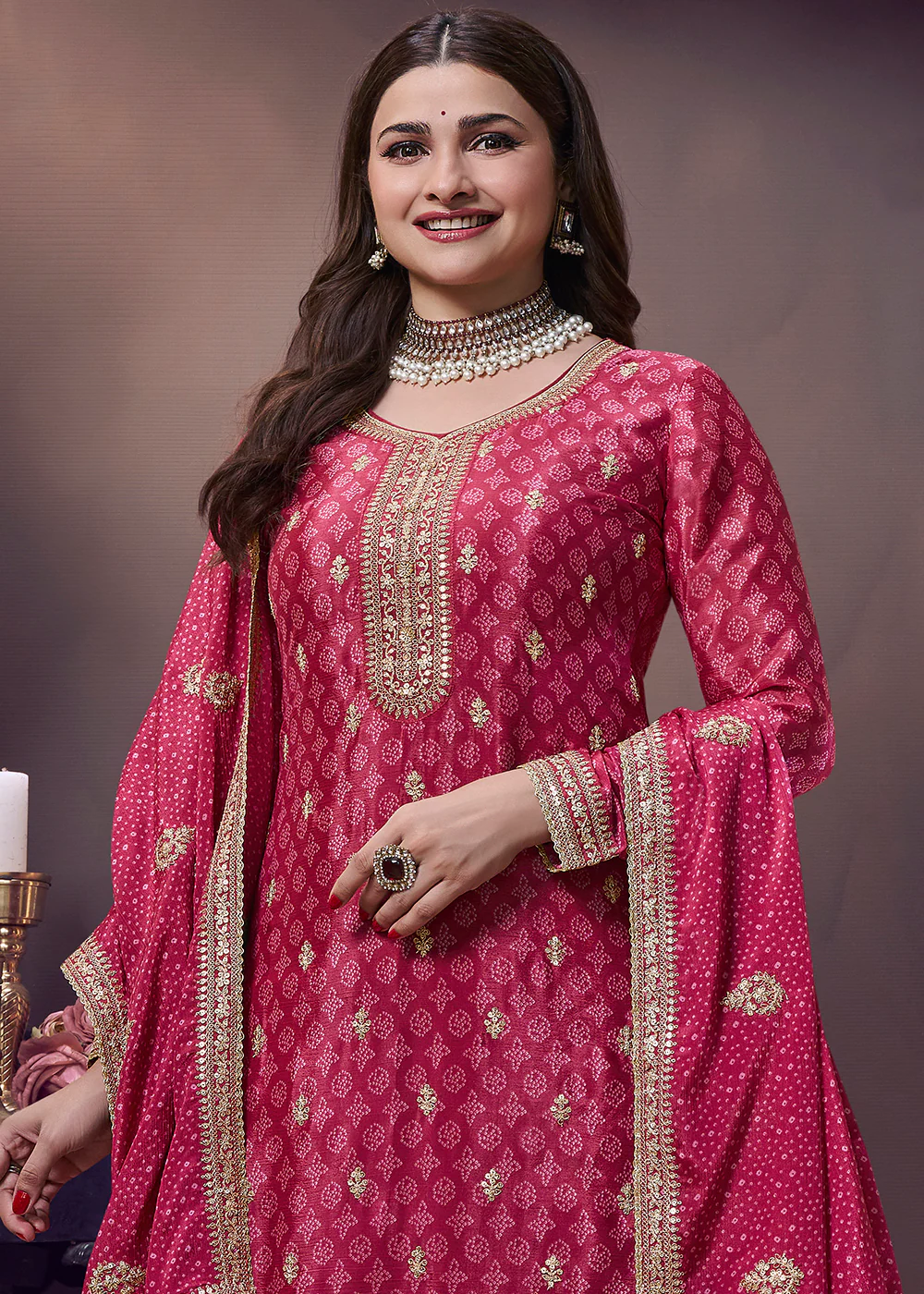 Magenta Pink Bandhani Printed Chinnon Palazzo Style Suit - Image 2