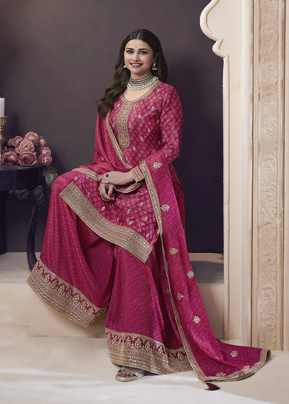 Magenta Pink Bandhani Printed Chinnon Palazzo Style Suit - Image 3
