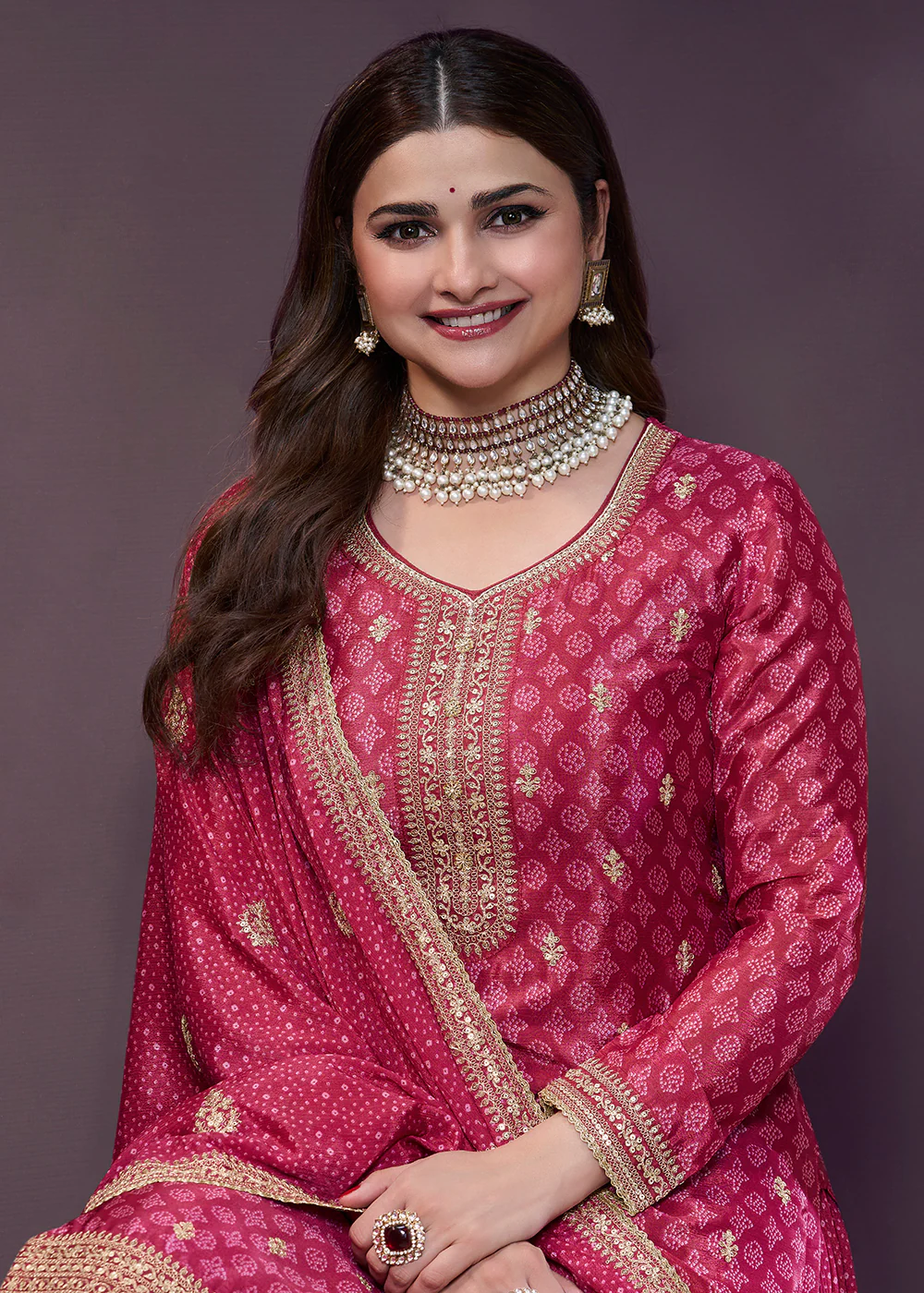 Magenta Pink Bandhani Printed Chinnon Palazzo Style Suit - Image 4