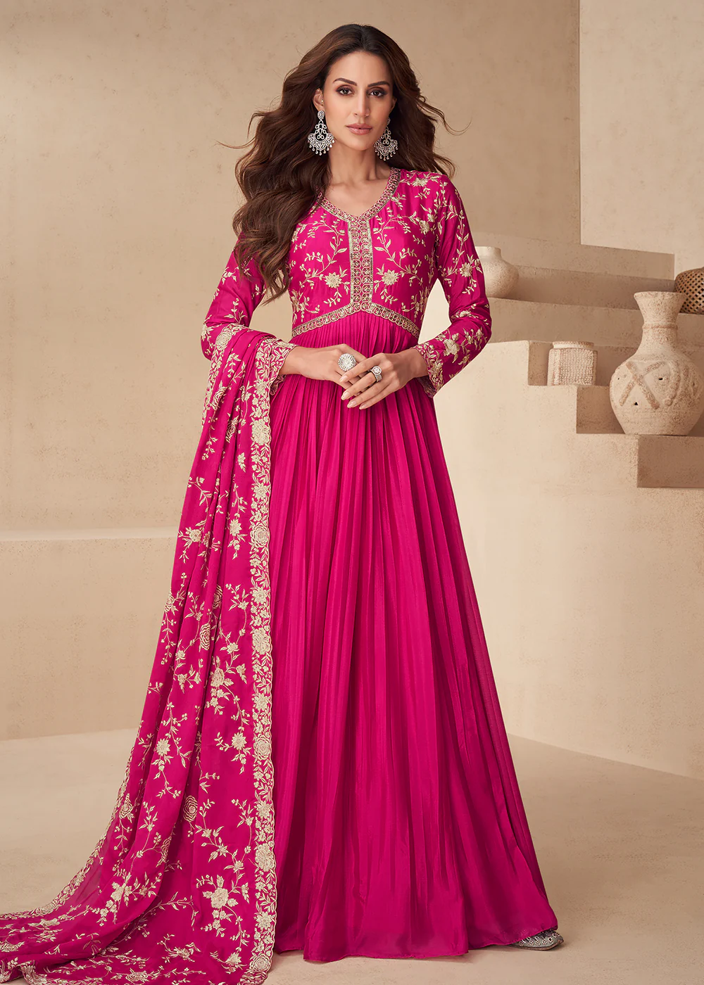 Magenta Pink Embroidered Chinnon Festive Anarkali Dress