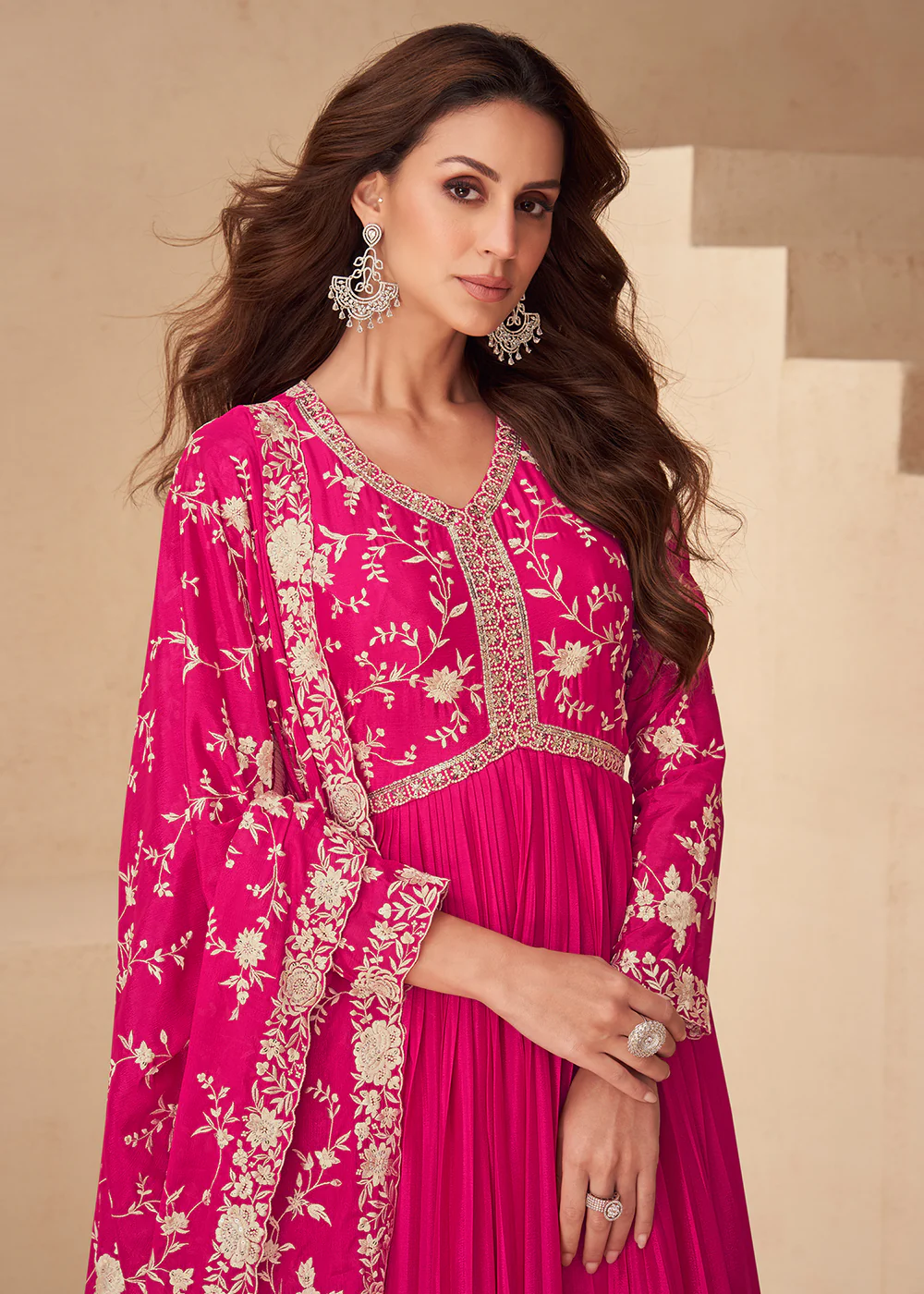 Magenta Pink Embroidered Chinnon Festive Anarkali Dress - Image 2
