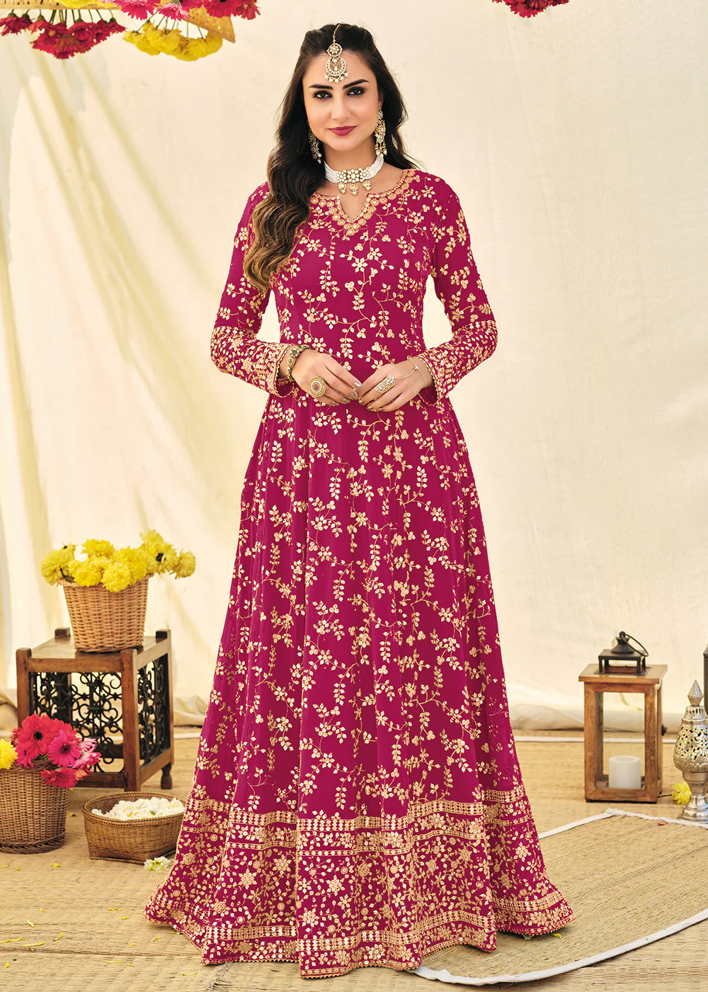 Magenta Pink Embroidered Georgette Anarkali Suit