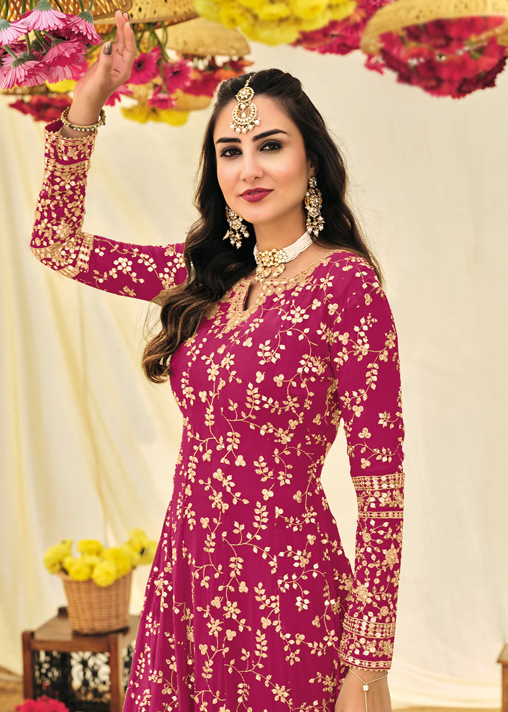 Magenta Pink Embroidered Georgette Anarkali Suit - Image 4