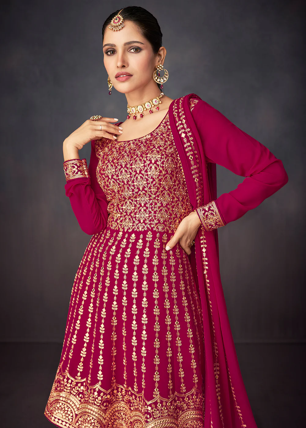 Magenta Pink Georgette Embellished Festive Sharara Suit - Image 2