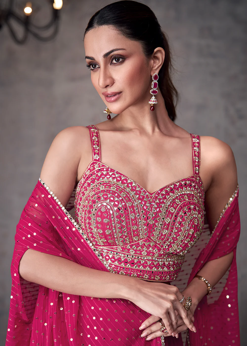 Magenta Pink Indo Western Style Party Wear Palazzo Suit - Image 2