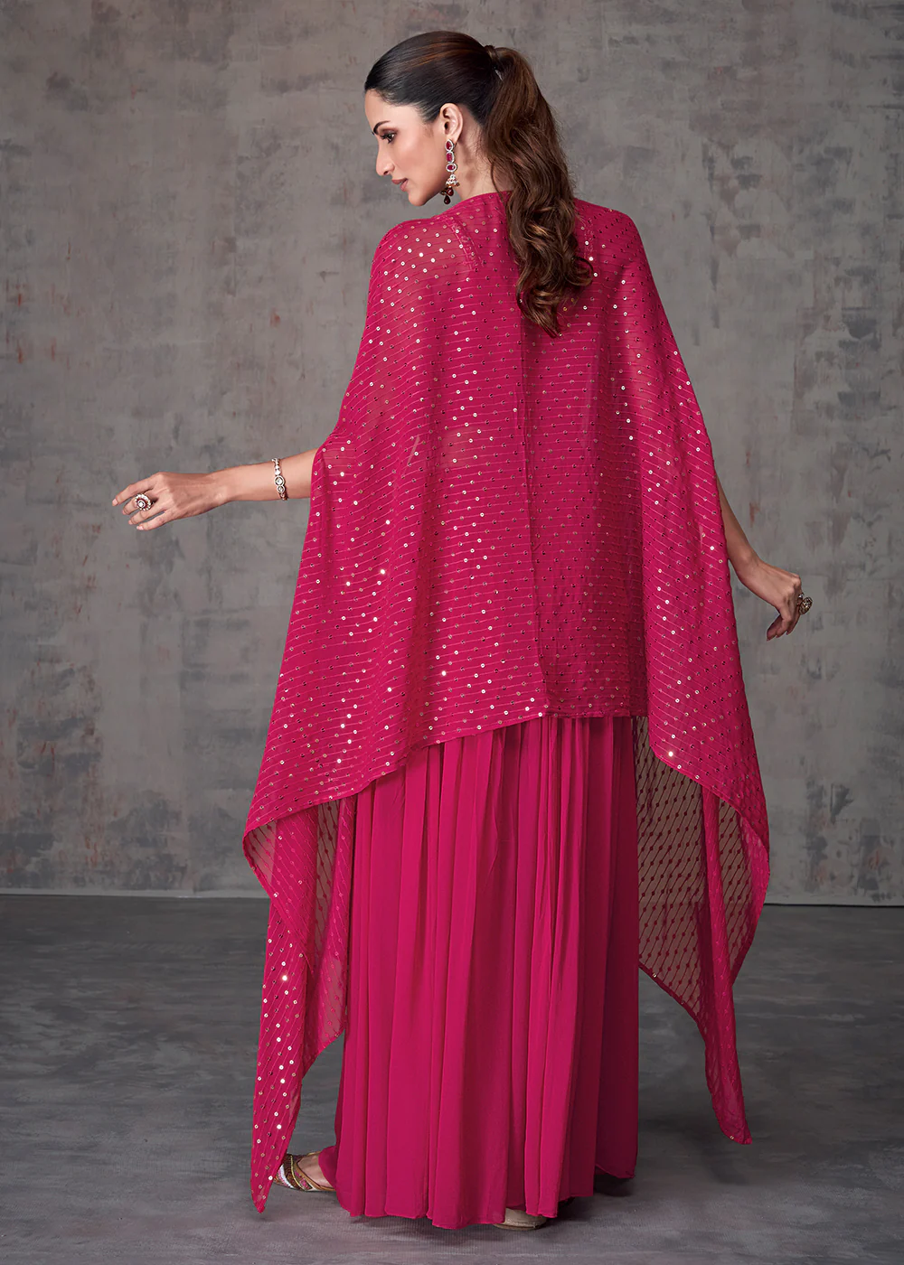 Magenta Pink Indo Western Style Party Wear Palazzo Suit - Image 3