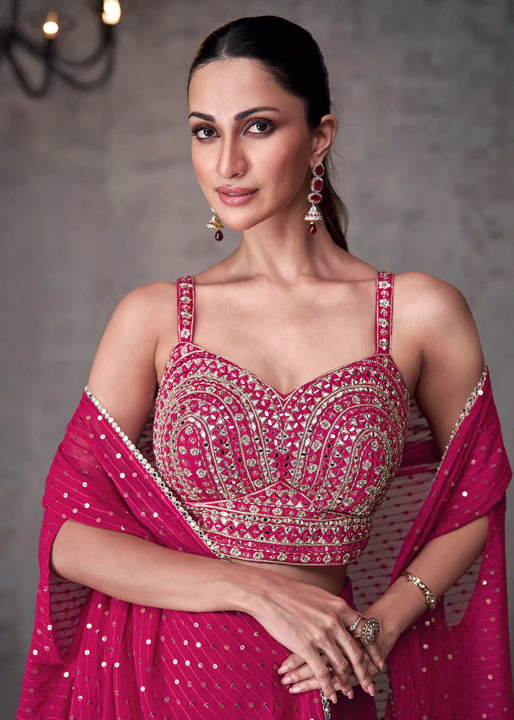 Magenta Pink Indo Western Style Party Wear Palazzo Suit - Image 4