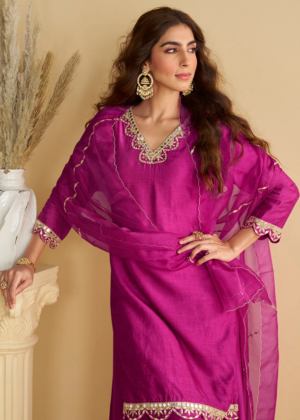 Magenta Pink Mirror & Embroidered Palazzo Suit - Image 2