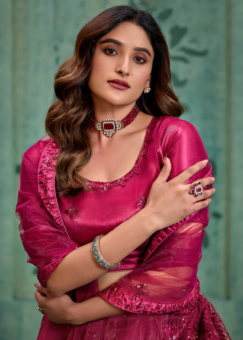 Magenta Pink Sequins Embroidered Net Lehenga Choli - Image 2